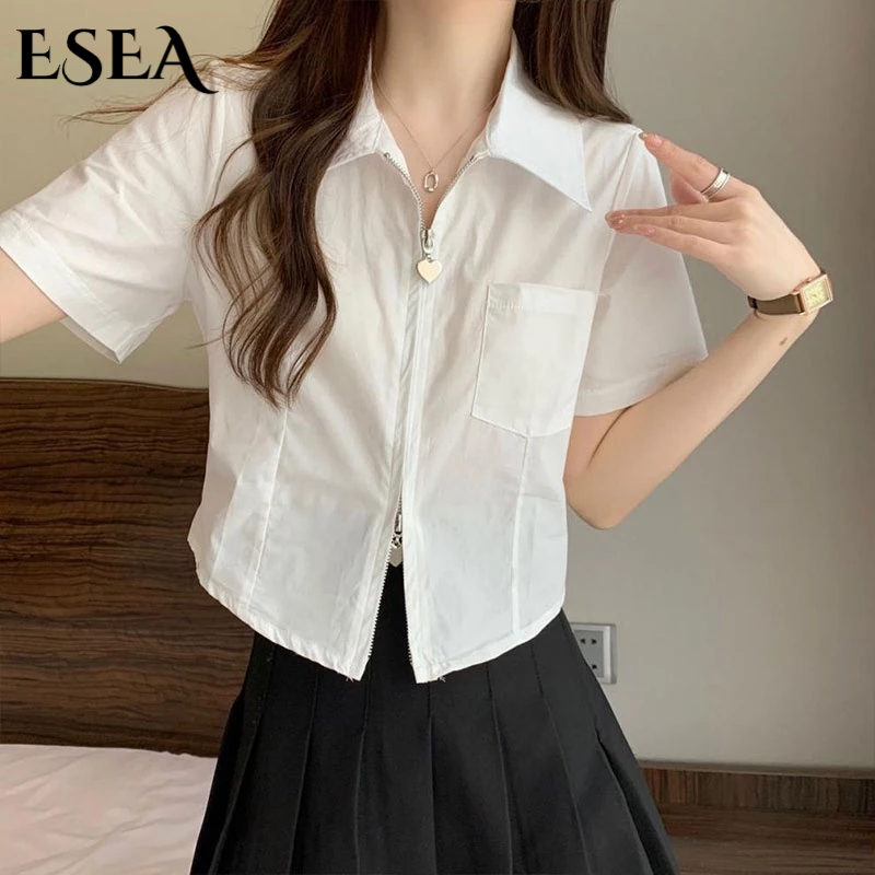 ESEA Áo Sơ Mi Ngắn Tay Có Khóa Kéo Hai Đầu Thời Trang Mùa Hè 2023 Cho Nữ