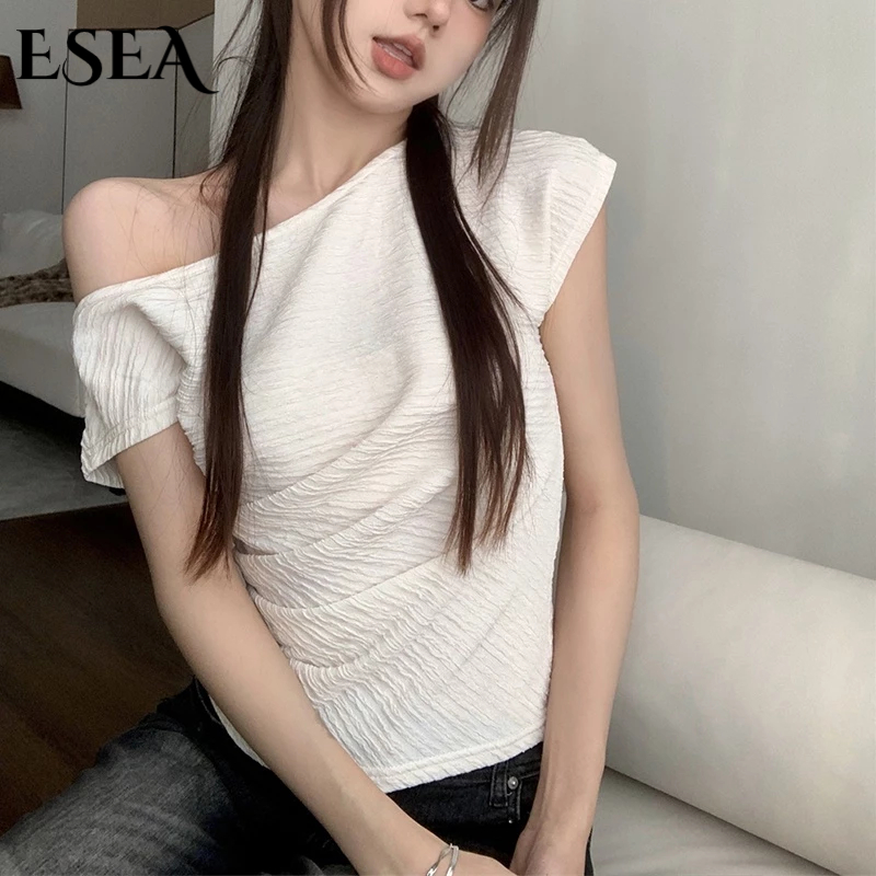 ESEA Áo Thun Trễ Vai Xếp Ly Dáng Ôm Thời Trang Mùa Hè Xinh Xắn Cho Nữ