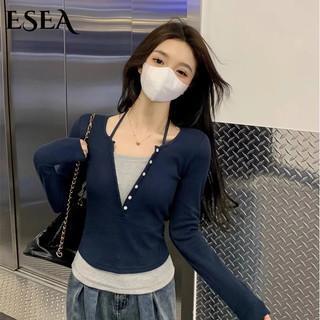 Áo Thun Tay Dài Giả Hai Lớp Thời Trang Xuân Thu Cho Nữ