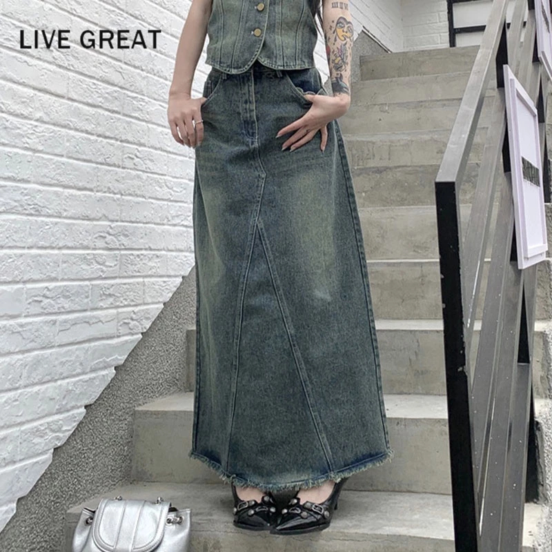 LIVE GREAT Set Áo Thun denim Không Tay Và Chân váy jean Lưng Cao Phong Cách Hàn Quốc