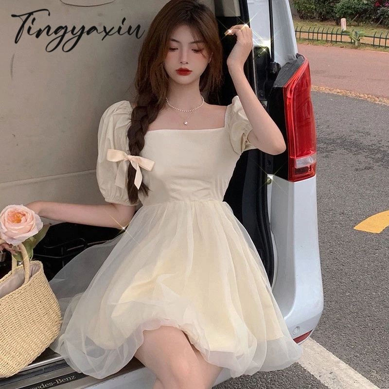 TINGYAXIU Đầm Công Chúa Phối Lưới Tay Phồng Buộc Dây Sau Lưng Ngọt Ngào Cá Tính Cho Nữ