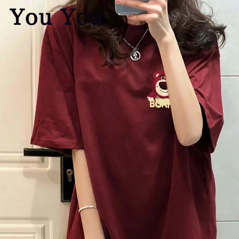 You You Tốt Nhất Áo Thun Tay Ngắn Dáng Rộng Màu Đỏ Rượu Vang Hình Gấu Dâu Tây Phong Cách Hàn Quốc retro Dành Cho Nữ Sinh