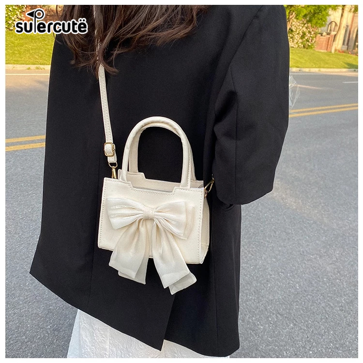 Túi đeo vai SUPERCUTE dáng vuông nhỏ bằng da PU màu trơn đính nơ xinh xắn dễ phối đồ thời trang