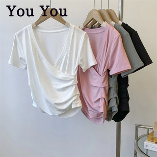 You You Áo Thun Ngắn Tay Cổ Chữ U Thiết Kế Dây Đan Chéo Phong Cách Vintage
