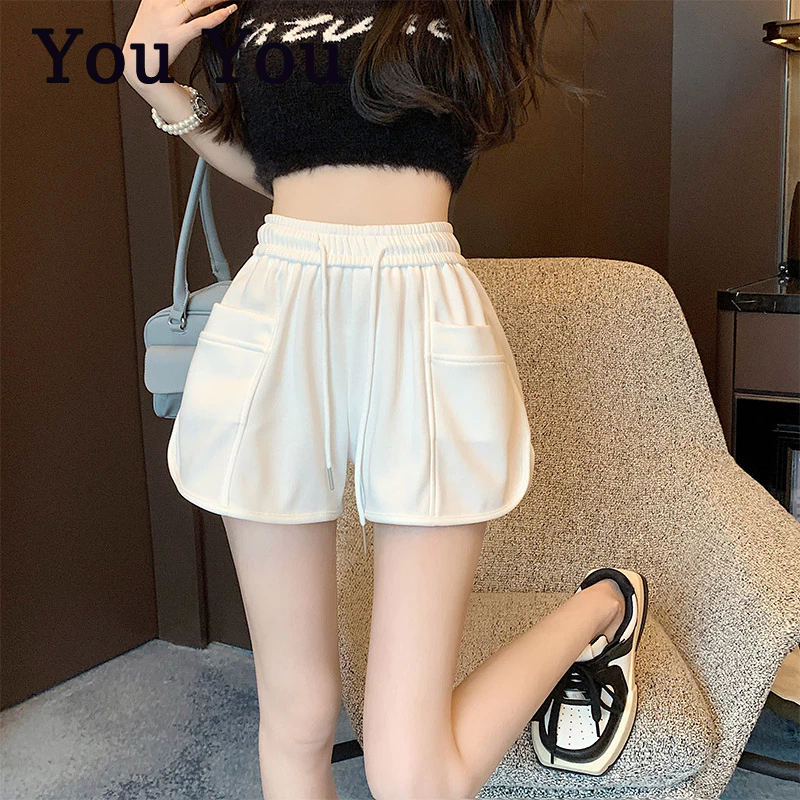 You You Quần Short Thể Thao Cotton Lưng Cao Ống Rộng Thiết Kế Dây Rút Thời Trang Mùa Hè Hàng Mới Dành Cho Bạn Nữ
