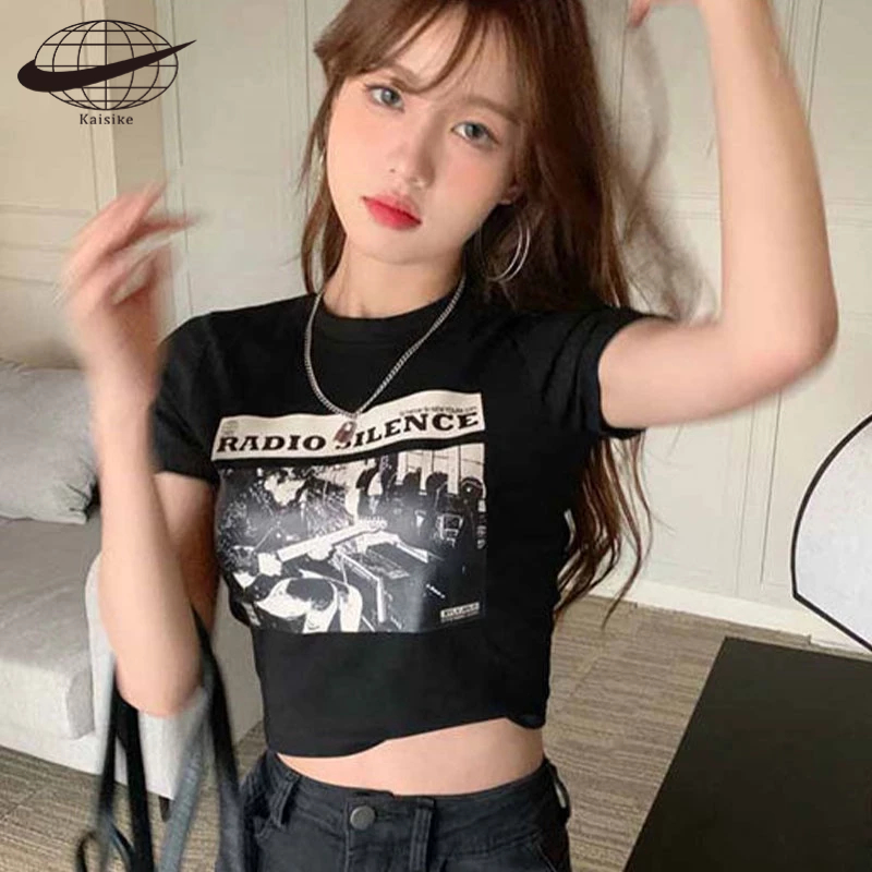 Kaisike Áo Thun Croptop Tay Ngắn Hở Vai Ôm Dáng In Chữ Kiểu Hàn Quốc Dễ Thương Cho Nữ