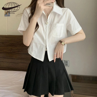 Kaisike Áo Sơ Mi Ngắn Tay Phối Khóa Kéo Họa Tiết Trái Tim Đôi Thời Trang