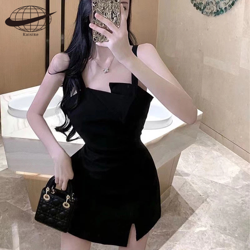 Kaisike Đầm Hai Dây Màu Đen Thiết Kế Không Đồng Đều Cao Cấp Thời Trang Theo Phong Cách Pháp Cho Nữ