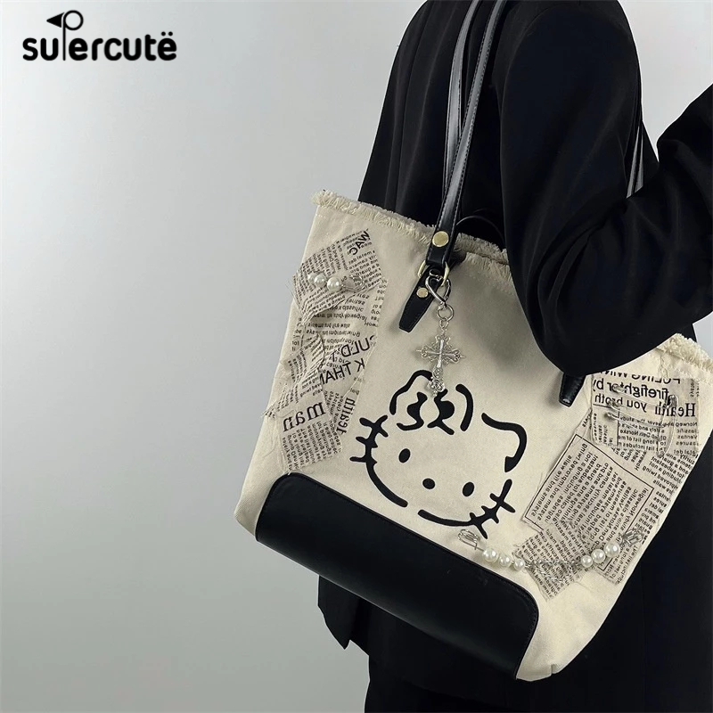 SUPERCUTETúi tote y2y Đeo Vai Bằng Vải Bạt Sức Chứa Lớn Thêu Họa Tiết Dễ Thương Hợp Thời Trang Cho Nữ