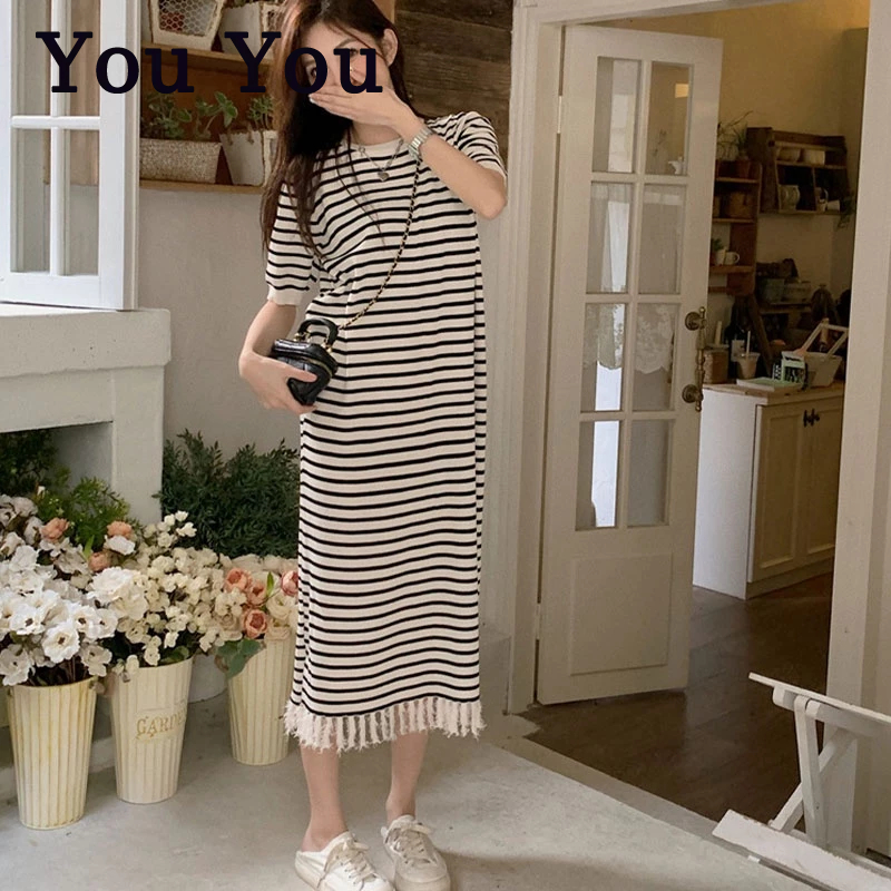 You You Đầm Lười Ngắn Tay Cổ Tròn Họa Tiết Kẻ Sọc Màu Sắc Tương Phản Phong Cách Hàn Quốc