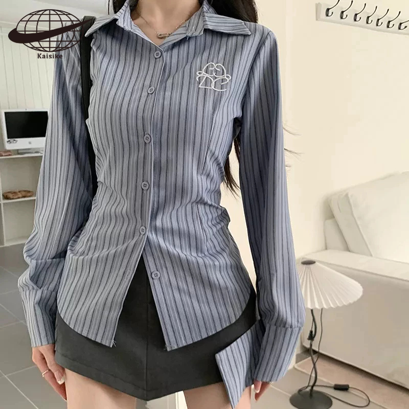 Kaisike Set Áo Sơ Mi Tay Dài Kẻ Sọc Thêu Họa Tiết + Chân Váy Ngắn Lưng Cao Chữ v Thời Trang Cho Nữ