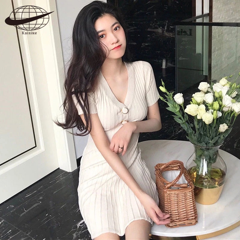 Kaisike Đầm Lụa Dệt Kim Mỏng Tay Ngắn Cổ Chữ v Xếp Ly Phong Cách Hàn Quốc Thời Trang Mùa Hè Cho Nữ