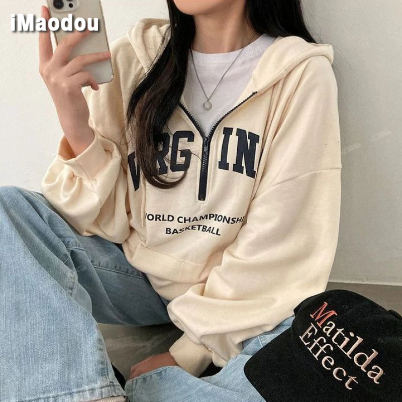 IMAODOU Áo Hoodie Vải cotton 100% Mỏng Dáng Rộng Cao Cấp Thời Trang Xuân Thu Cho Nữ