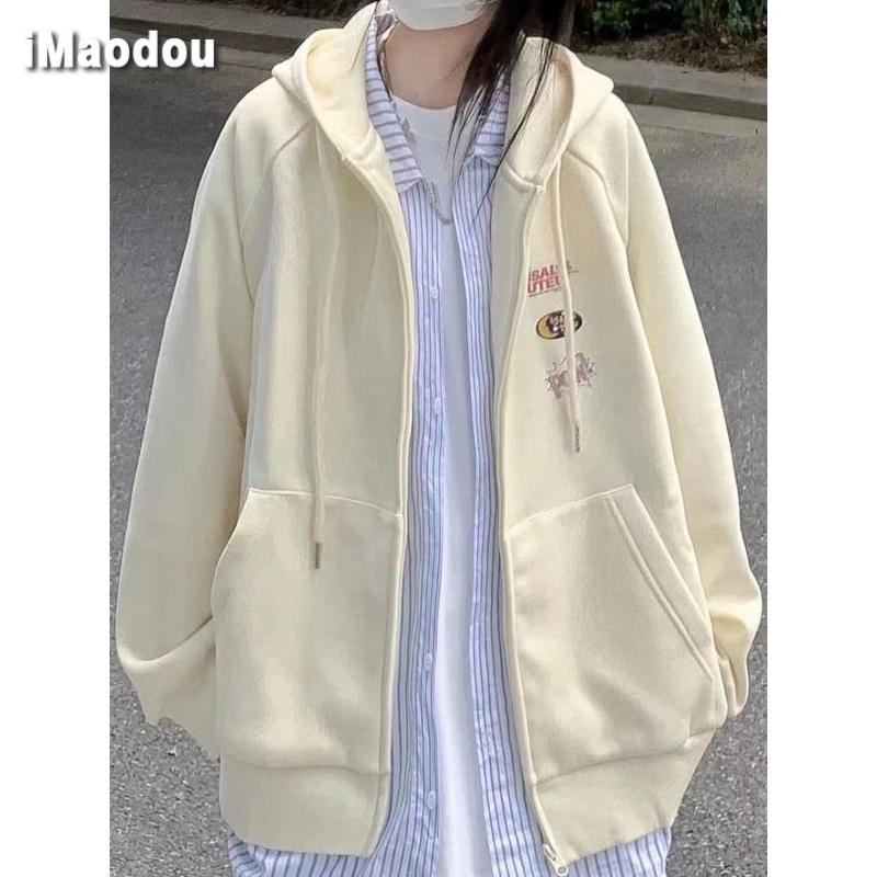 IMAODOU Áo Khoác cardigan Mỏng Dáng Rộng Có Khóa Kéo In Họa Tiết Màu Mơ Thời Trang Xuân Thu Cho Nữ