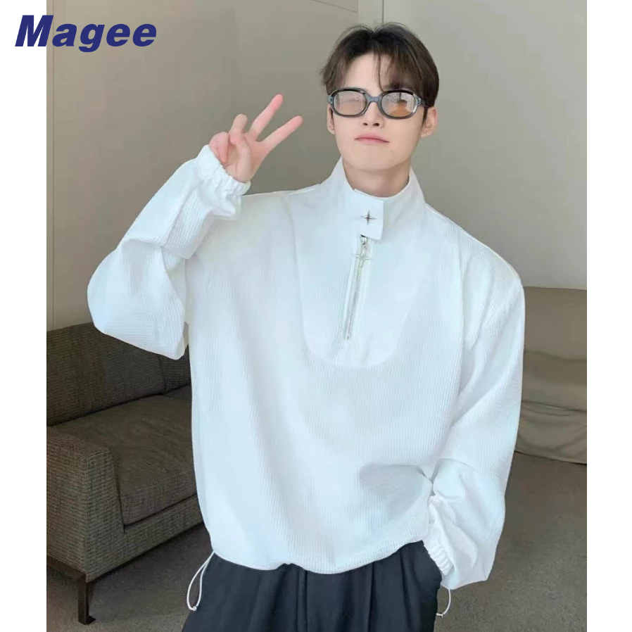 Magee áo sơ mi polo nam mới phiên bản hàn quốc retro giản dị cao cấp nửa dây kéo ngôi sao thiết kế nút kim loại áo len waffle