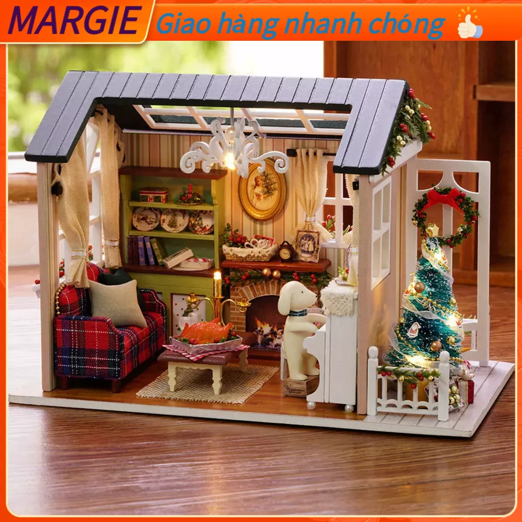 [Hàng Sẵn] Nhà búp bê Trẻ em DIY Thu nhỏ Nhà gỗ Đồ chơi Nội thất Nhà Thủ công Mô hình với ánh sáng LED MARGIE A.