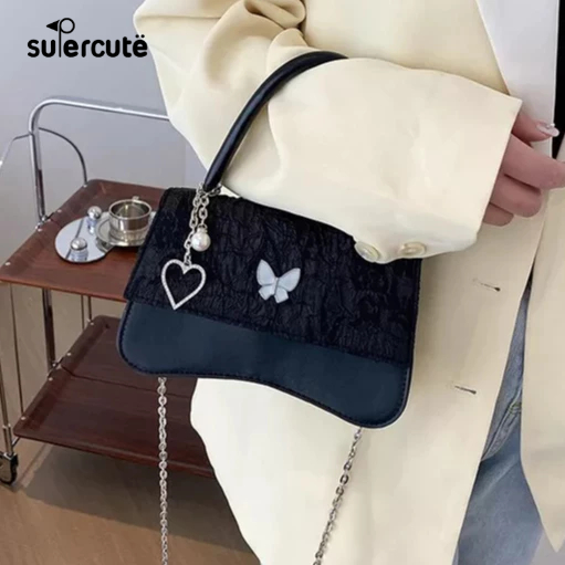 SUPERCUTE Túi Xách Da PU Màu Trơn Đính Nơ Trái Tim Thời Trang Cao Cấp Cho Nữ