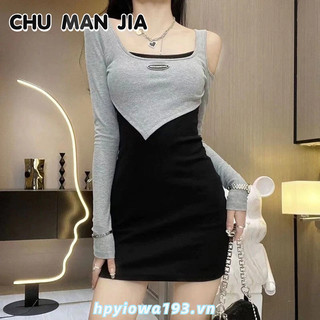 Đầm ngắn CHU MAN JIA giả hai mảnh ôm dáng co giãn tốt kiểu cách hợp thời trang cho nữ