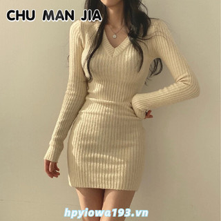 CHU MAN JIA Đầm Dệt Kim Cổ Chữ V Dáng Ôm Thời Trang Thu Đông Hàn Quốc Dành Cho Nữ