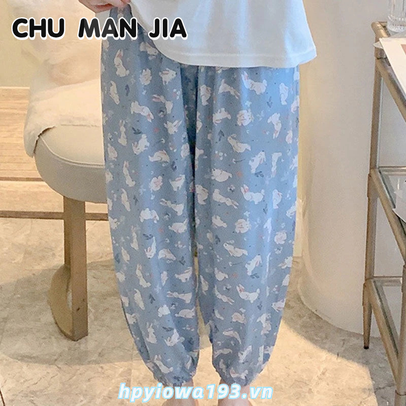 CHU MAN JIA Quần Ngủ Dài Dáng Rộng In Họa Tiết Thỏ Hoạt Hình Thoáng Khí Thời Trang Mùa Hè Cho Nữ