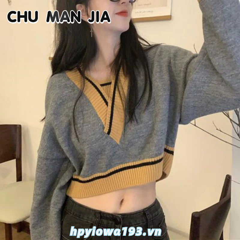 Áo len CHU MAN JIA dệt kim cổ chữ V màu tương phản thời trang cho nữ