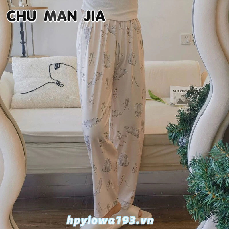CHU MAN JIA Quần Đi Bộ Nữ! Quần Ngủ Dài Dáng Rộng In Họa Tiết Thỏ Ngọt Ngào Thời Trang Xuân Thu Cho Nữ