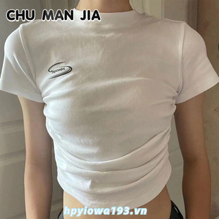 CHU MAN JIA Áo Thun Croptop Tay Ngắn Màu Trắng Thời Trang Cho Nữ