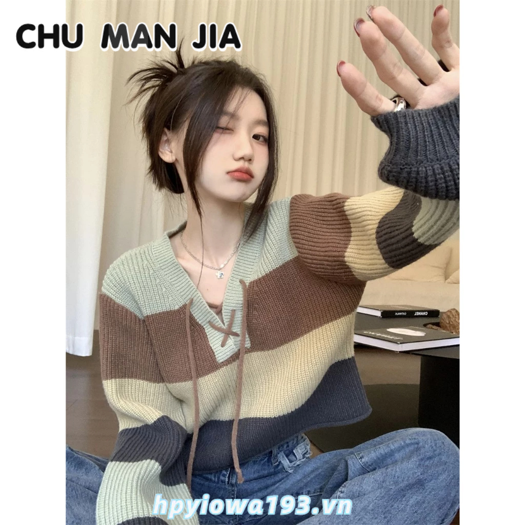 CHU MAN JIA sọc màu tương phản cà vạt áo len dệt kim của phụ nữ mùa thu và mùa đông thiết kế mới sense v-cổ lỏng ngắn dài-tay áo trên