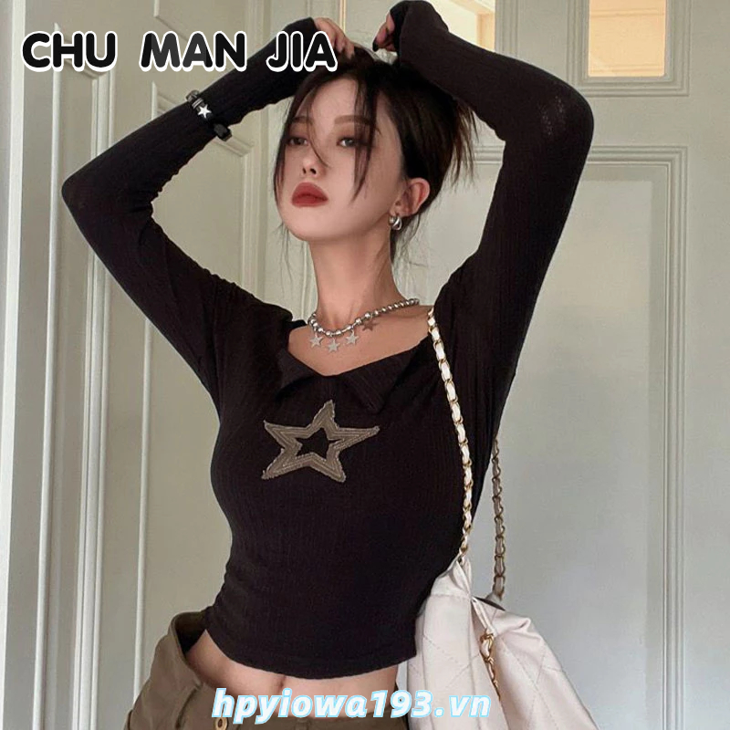 Áo thun lửng CHU MAN JIA tay dài ôm dáng in họa tiết ngôi sao phong cách Hàn Quốc thời trang mùa thu cho nữ