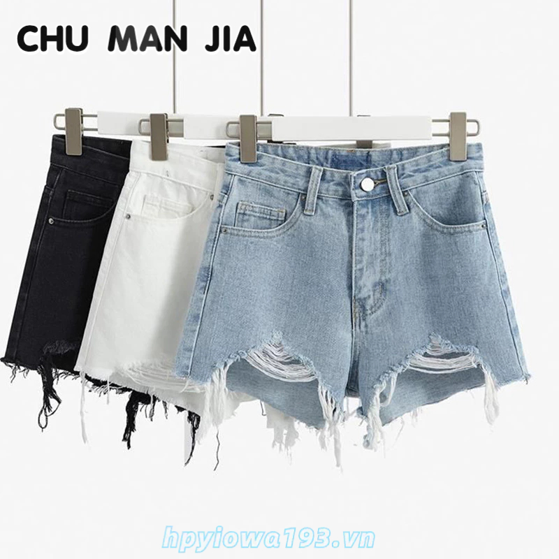 Quần short jean CHU MAN JIA lưng cao ống rộng thiết kế rách cá tính thời trang cho nữ
