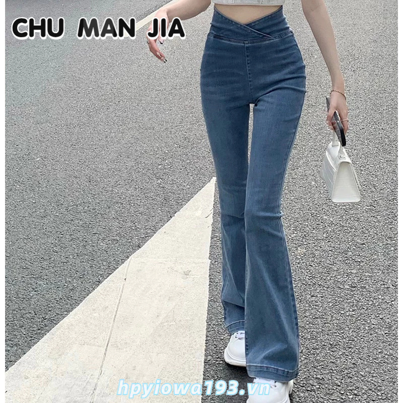 CHU MAN JIA kích thước lớn hơi béo thắt lưng cao nâng mông quần jean nữ quần ống loe mỏng co giãn