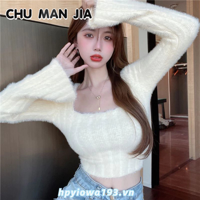 CHU MAN JIA  top Áo sweater Ngắn Dệt Kim Giả Lông Chồn Cổ Vuông Mùa Thu Cho Nữ