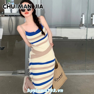 CHU MAN JIA  Đầm Thun Dài Ôm Dáng Không Tay Thiết Kế Tua Rua Thời Trang Mùa Hè Kiểu Pháp Cổ Điển Cho Nữ