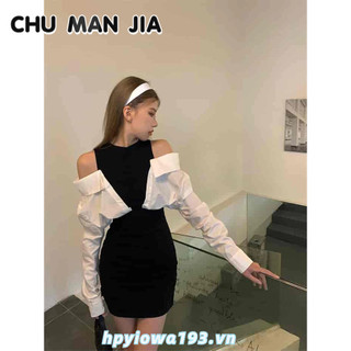 CHU MAN JIA  Áo Sơ Mi Giả Hai Mảnh Tay Dài Hở Vai + Chân Váy Ngắn Thời Trang Mùa Hè Cho Nữ