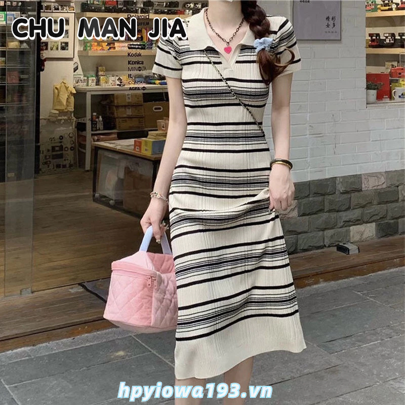 CHU MAN JIA Đầm Dài Qua Gối Cổ Polo Họa Tiết Kẻ Sọc Phong Cách Hàn Quốc Cho Nữ
