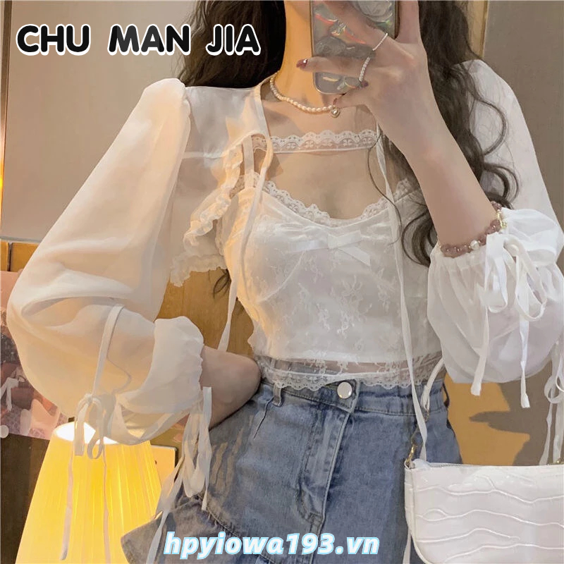 CHU MAN JIA Áo Hai Dây Phối Ren Màu Trắng Phong Cách Ngọt Ngào Thời Trang Xuân Hè Mới Tự Điều Chỉnh Dành Cho Nữ