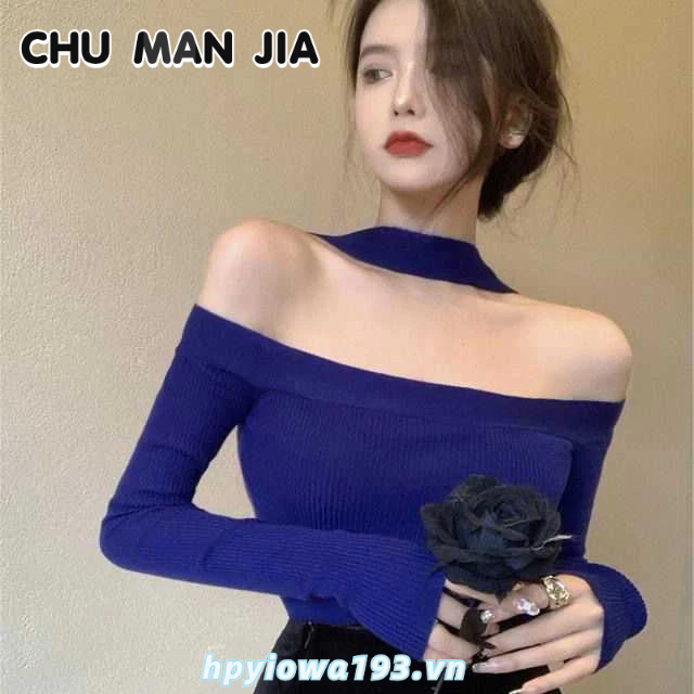 Áo len dệt kim CHU MAN JIA ôm dáng hở vai thời trang thu đông cho nữ