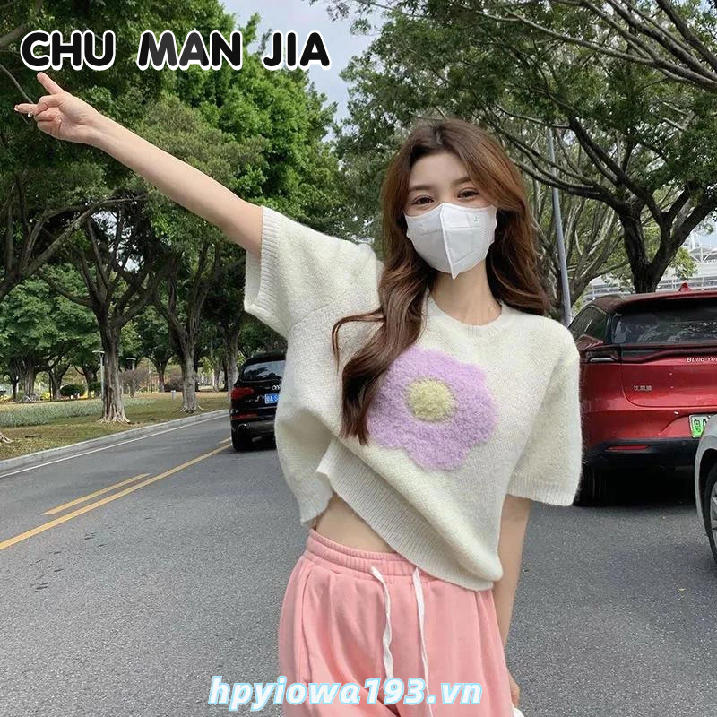 CHU MAN JIA Áo Thun Tay Ngắn Cổ Tròn Thêu Hoa Ba Chiều Phong Cách Hàn Quốc Thời Trang Mùa Hè Cho Nữ
