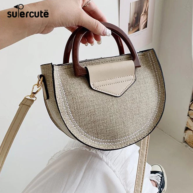 SUPERCUTE Túi cói Vải canvas Dệt Hình Vuông Phối Khóa Kéo Thời Trang retro