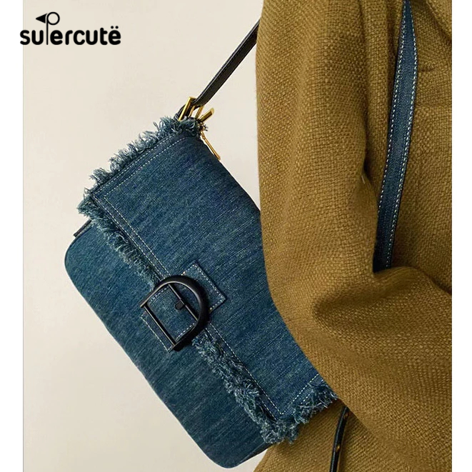 SUPERCUTE Túi Đeo Vai SUPERCUTE Bằng Vải denim Màu Trơn Phối Tua Rua Thời Trang