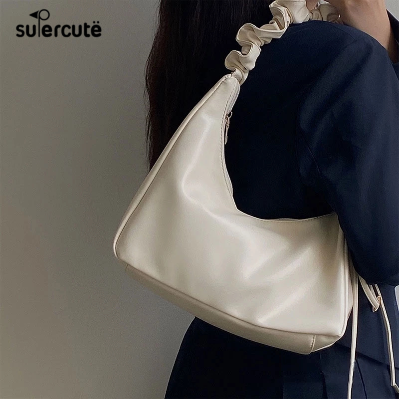 SUPERCUTE Túi Đeo Vai Xếp Ly Chất Liệu Da PU Cao Cấp Màu Trơn Thời Trang Thường Ngày Cho Nữ