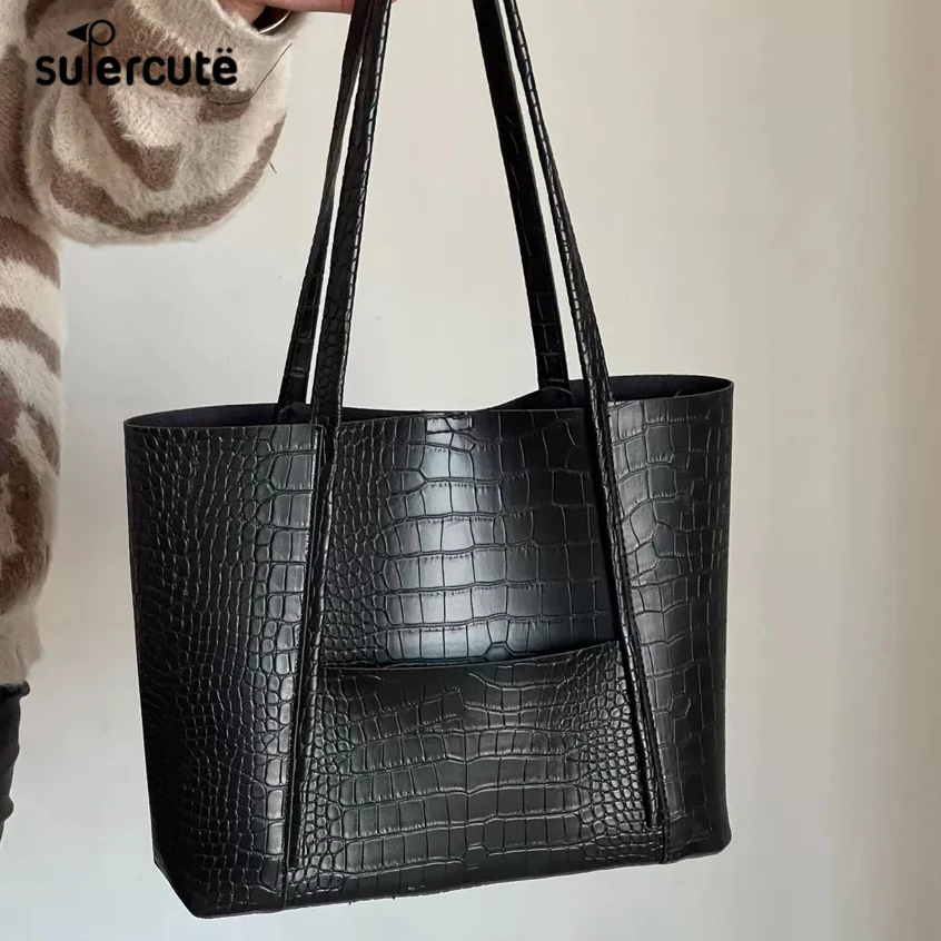 SUPERCUTE Túi Xách Da PU Màu Trơn Sức Chứa Lớn Dễ Phối Đồ Thời Trang