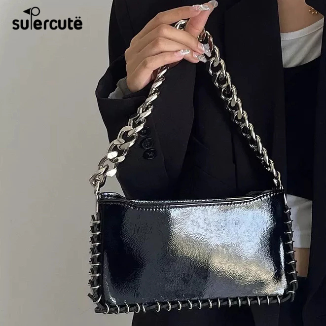 SUPERCUTE Túi Xách Đeo Vai Hình Vuông Cỡ Nhỏ Màu Bóng Phối Dây Đeo Sợi Xích Thời Trang Cao Cấp