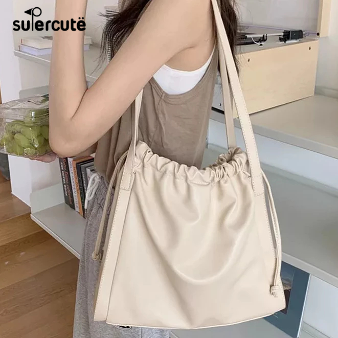 Túi xách SUPERCUTE da PU màu trơn cỡ lớn thiết kế đơn giản dễ phối đồ thời trang cho học sinh