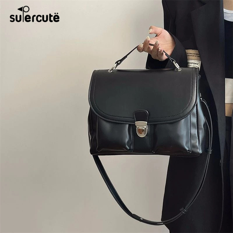 SUPERCUTE Túi Đeo Vai Bằng Da PU Mềm Màu Trơn Cỡ Lớn Phong Cách retro Thời Trang