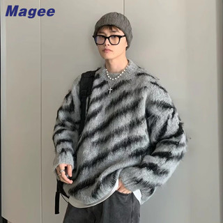  Magee Áo sweater Dệt Kim Dáng Rộng Cổ Tròn Họa Tiết Ngựa Vằn Kiểu retro Hàn Quốc Cao Cấp Thường Ngày Cho Nam Và Nữ 