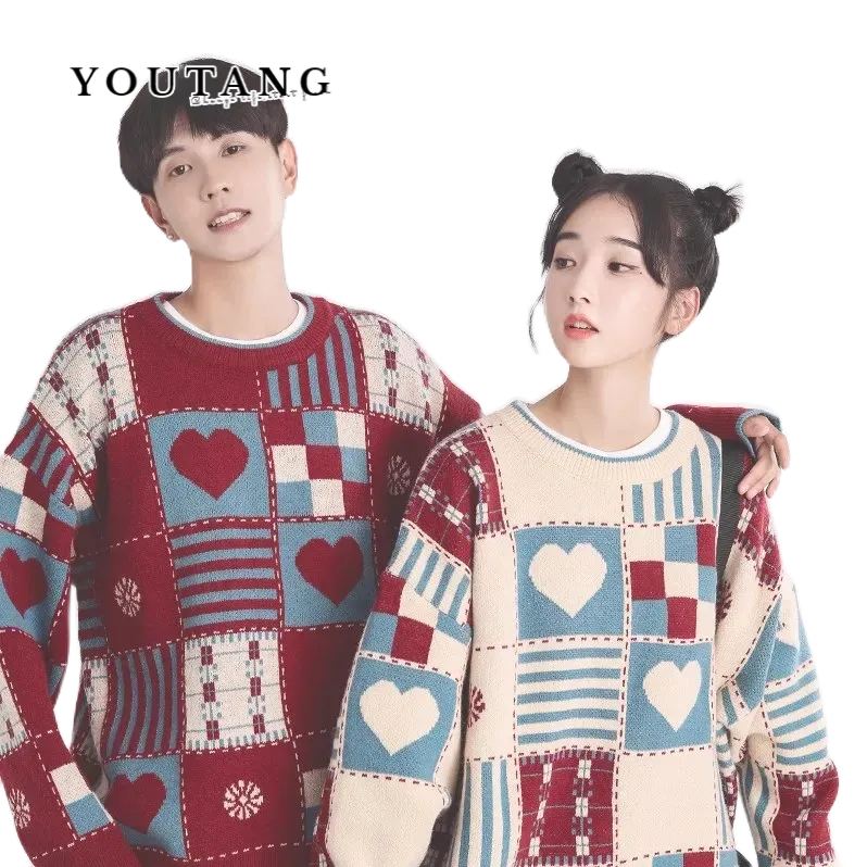 YOUTANG Áo sweater Dệt Kim Kẻ Sọc Caro Đỏ Phong Cách retro Mỹ Giáng Sinh Năm Mới Thu Đông Dành Cho Cặp Đôi
