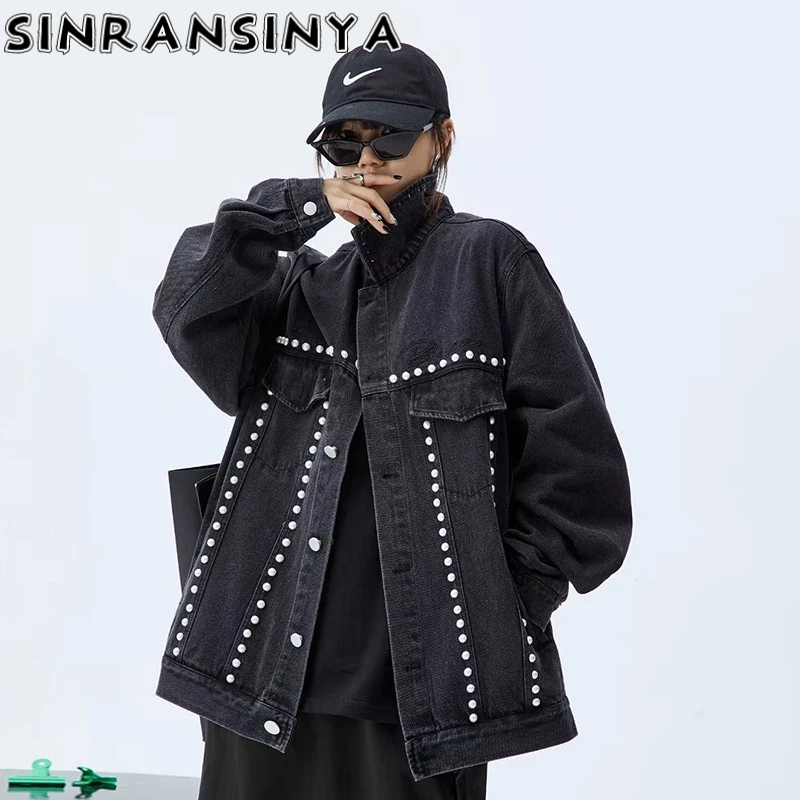 Sinransinya Áo Khoác denim Đính Hạt Phong Cách hip hop Đường Phố Mỹ Cổ Điển Thời Trang Cho Nam