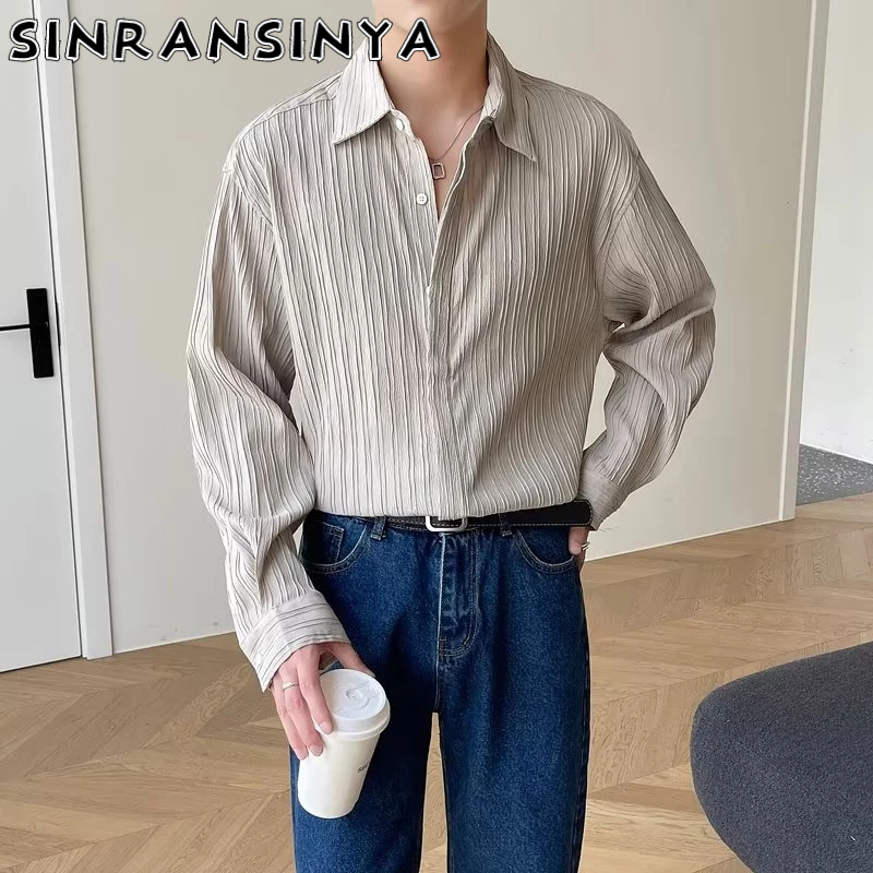 Sinransinya Áo Sơ Mi Nam Dài Tay Cổ Bẻ Thời Trang Hàn