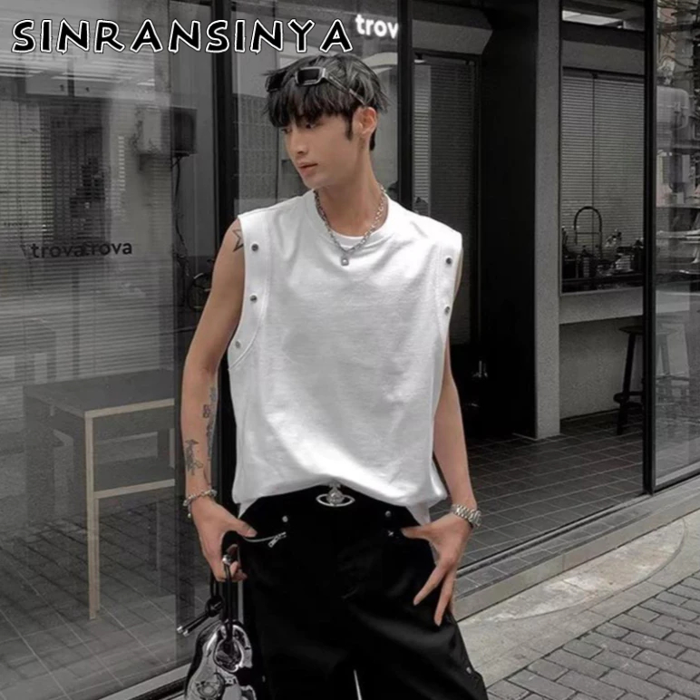 Sinransinya Áo tank top Cổ Tròn Không Tay Phong Cách harajuku Nhật Bản Thời Trang Cho Nam